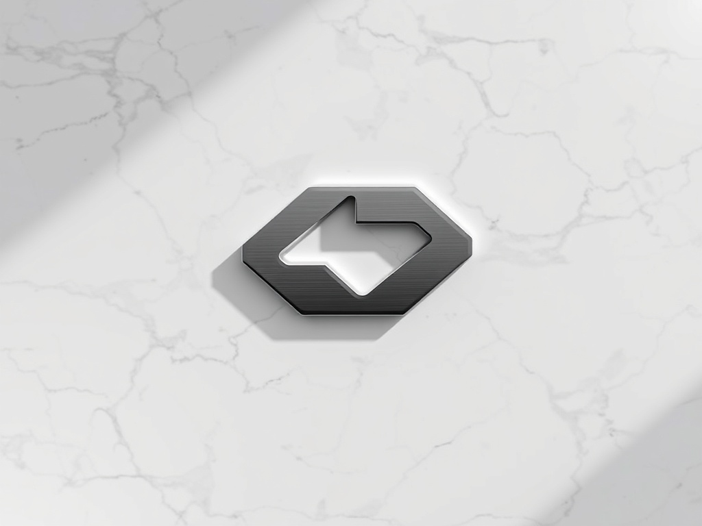 Simplified geometric logo shape made of polished steel, placed on a white marble surface, dramatic top lighting, reflections, photorealistic, 8k
